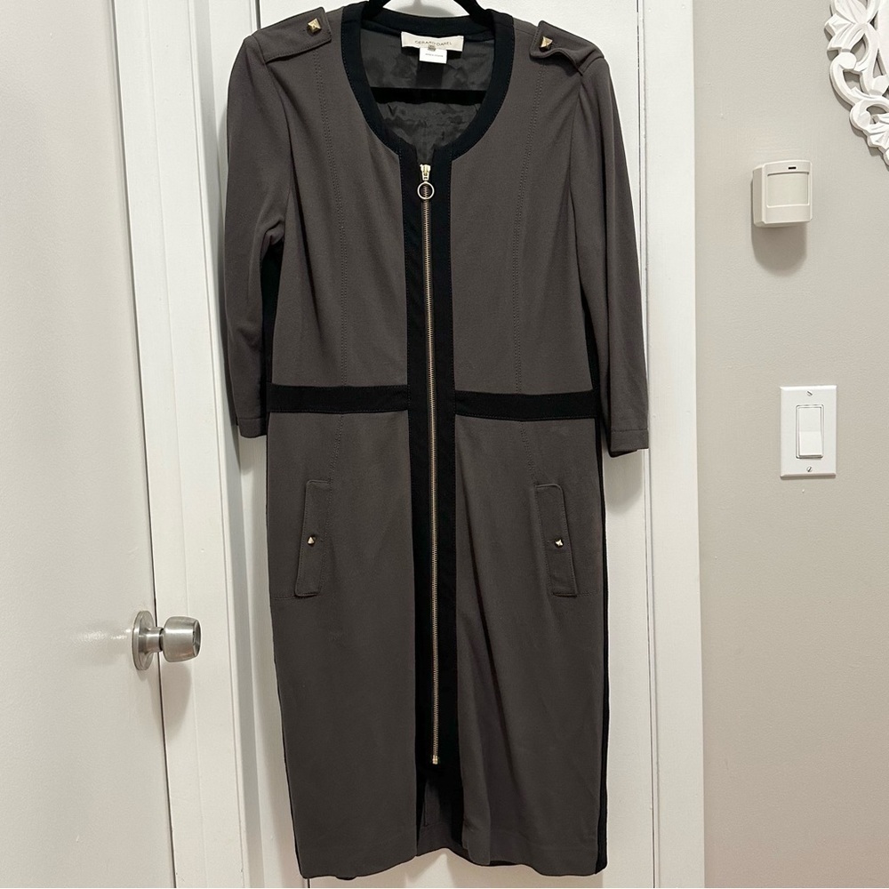Gerard Darel 3/4 Sleeve Sheath Shift Dress Gray Black Full Front Zip Sz 8